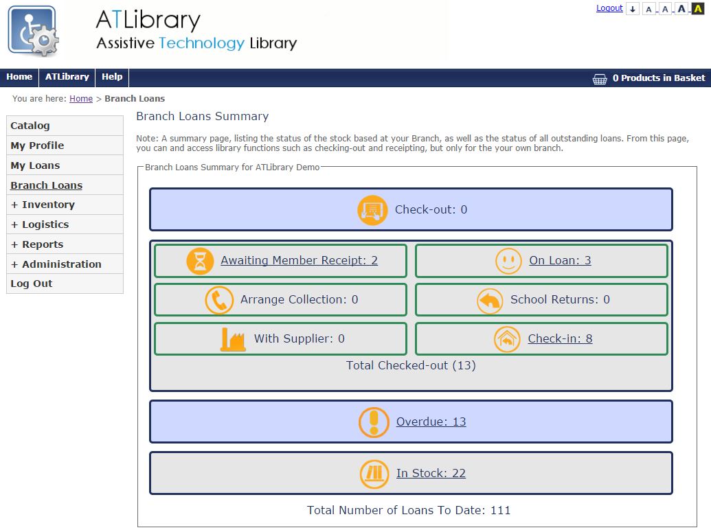 A summary of the requests/holds and loans relating to a librarian's branch, by status. Each section of the dashboard is expandable to reveal the list of requests (holds) or loans that it represents.